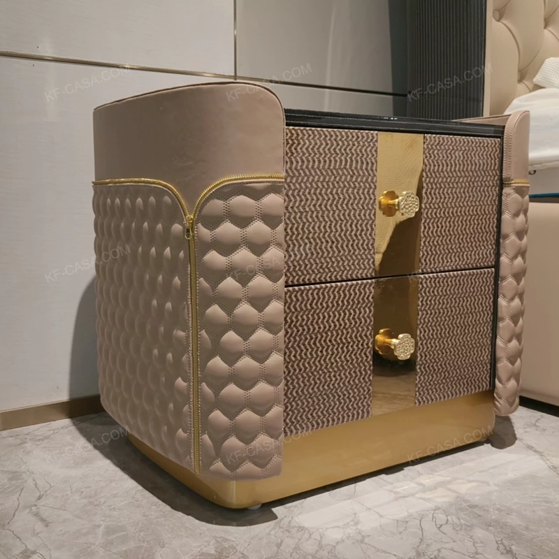 Quilted Leather Nightstand with Woven Panel & Gold Stainless Steel Accents